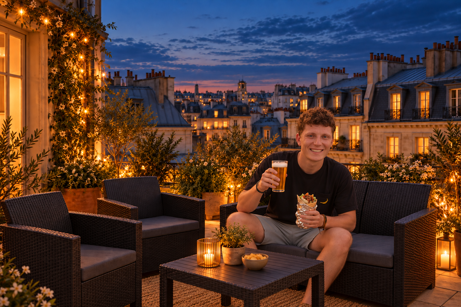 Montage de Quentin assis sur un salon de jardin en résine noire, avec une pinte de bière et un kebab, sur une terrasse parisienne